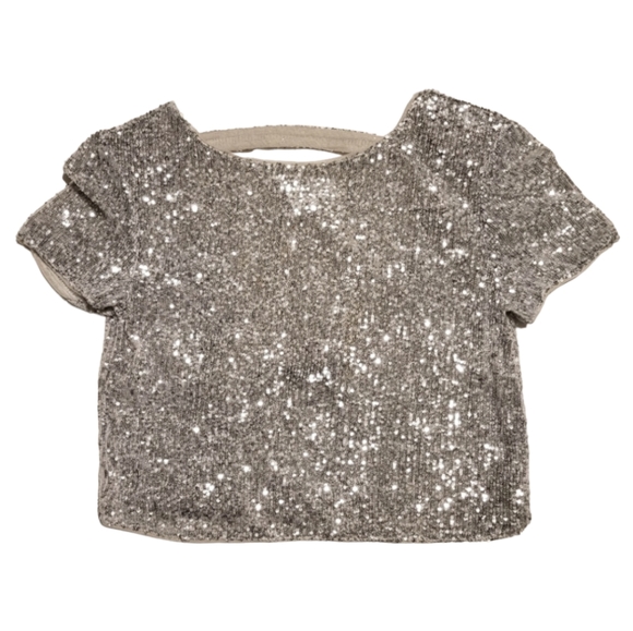Bershka Tops - Bershka Silver Metallic Sequin Backless Crop Top With Shoulder Pads | Medium